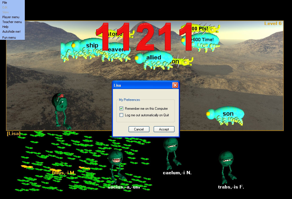 Hungryfrog Spanish Software Program | Spanish Student login prefs dialog for teaching Spanish in homeschool Spanish courses and K-12 Spanish programs